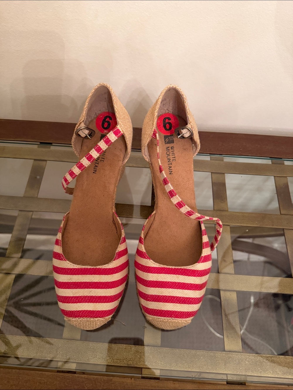 White Mountain Red and Cream Striped Espadrille Wedges